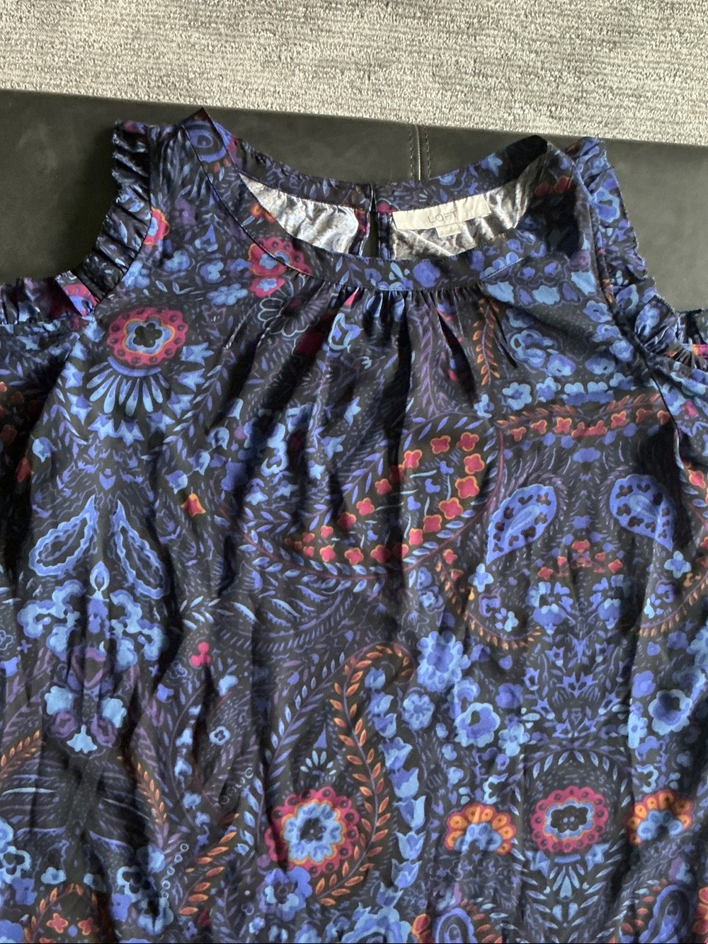 LOFT Paisley Floral Cold-Shoulder Tunic in Blue & Black with Red Accents